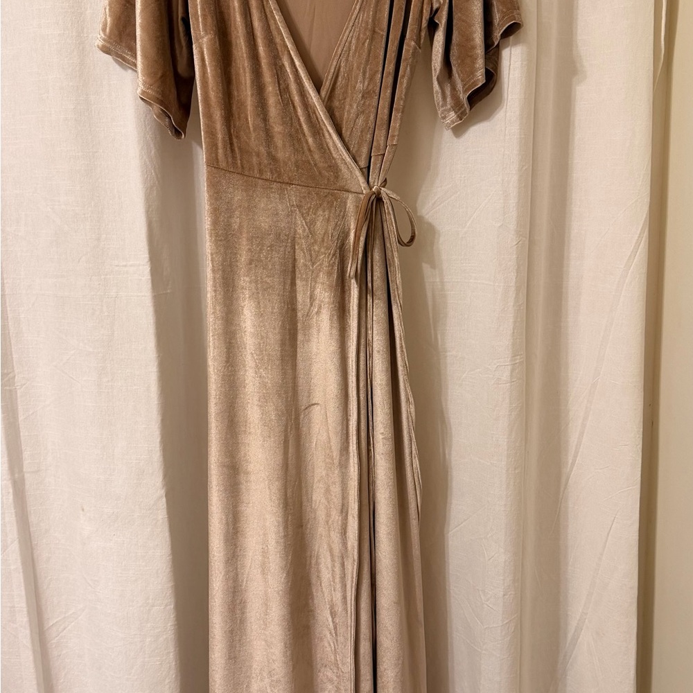 Taupe Velvet Wrap Maxi Dress with Tie Waist